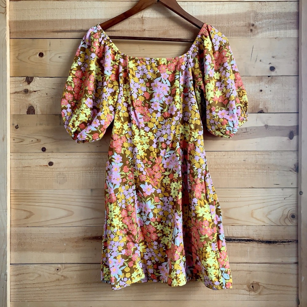 Billabong Size Large Yellow Floral Summer Dress‎ Above Knee Puff Sleeve Mini